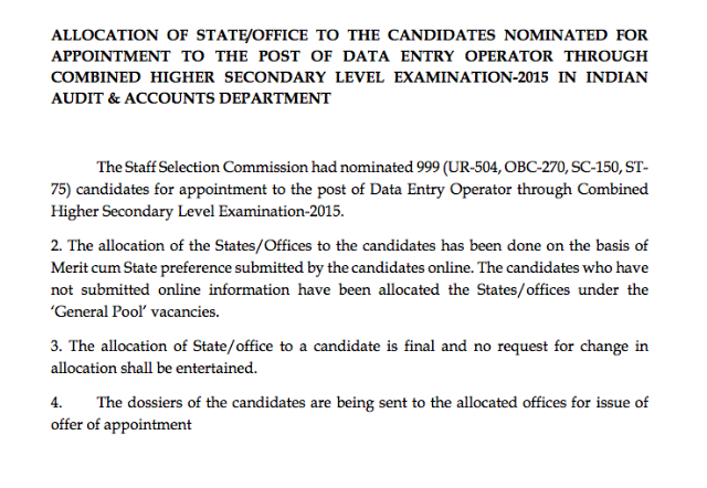 SSC CHSL 2015 CAG DEO State Allocation list PDF Download