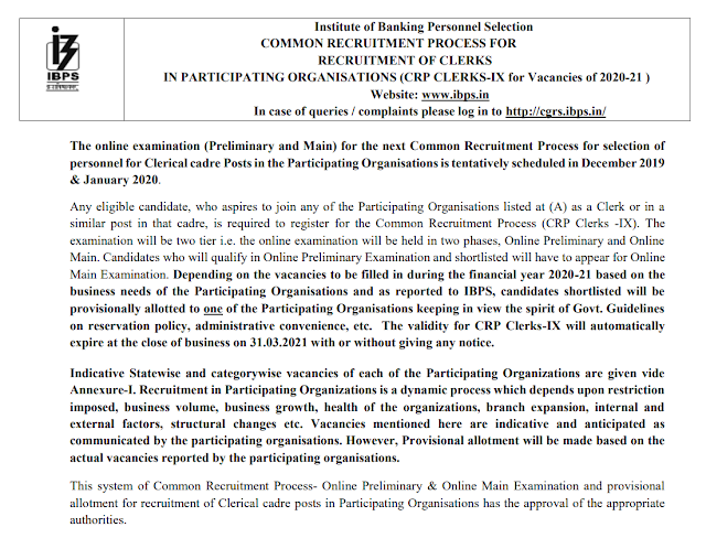 IBPS Clerk IX Recruitment Notification 2019-20 PDF Download