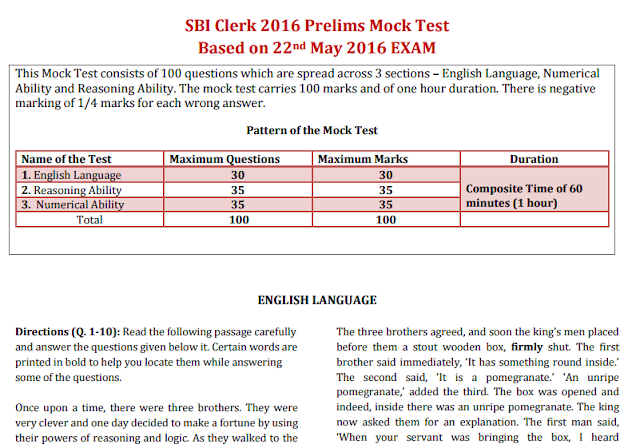 SBI Clerk 2016 Prelims mock test pdf based on 22 may exam