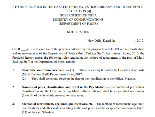 Draft Notification on Recruitment Rules of Post PA-SA, Mailguard, Postman & MTS