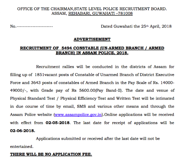 Assam Police Constables Recruitment 2018 (5494 Posts)