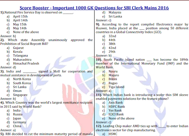 [PDF] Score Booster 1750 GK Questions for SBI Clerk Mains 2016 Download