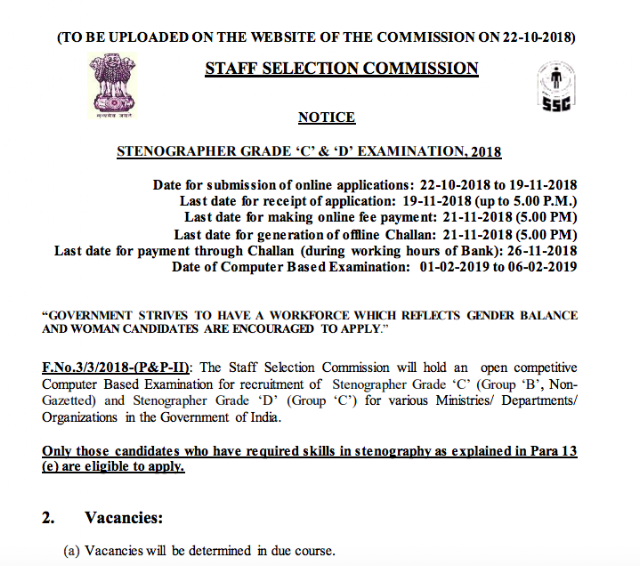 SSC Stenographer Grade C & D Exam 2018 Notification PDF