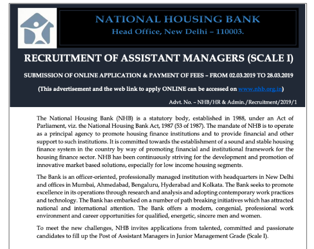 NHB Assistant Manager Recruitment Notification 2019