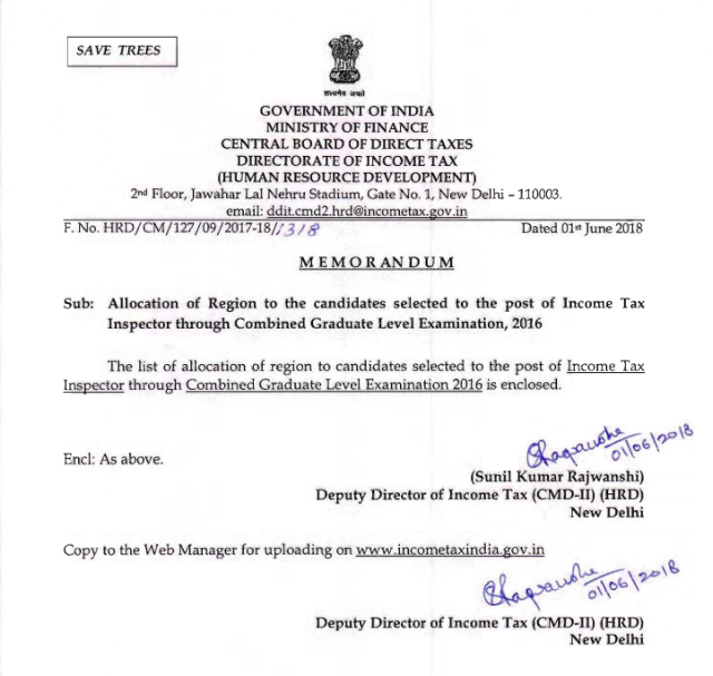 CBDT ITI + TA  Region Allocation List for  SSC CGL 2016 PDF Download