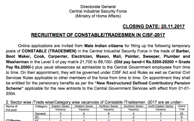 CISF Constable/Tradesman Recruitment Notification 2017 PDF
