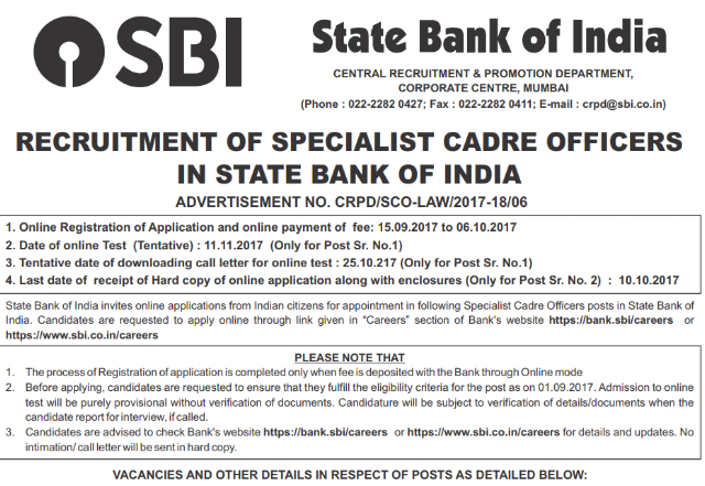 SBI Specialist Officers (Scale-II) Recruitment Notification 2017 Download