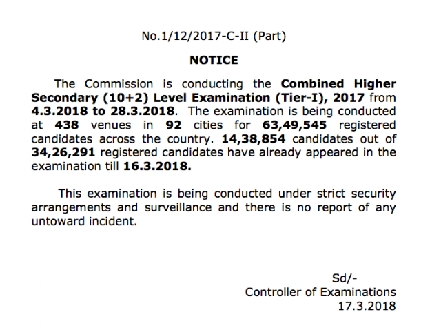 SSC Notice Regarding SSC CHSL 2017 (17.03.2018)
