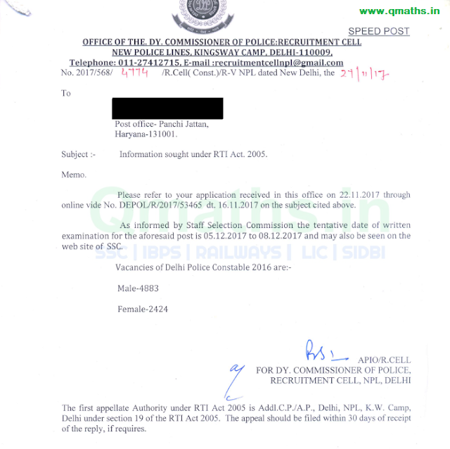 Delhi Police Constable 2016 Exam, RTI Reply (27.11.2017)