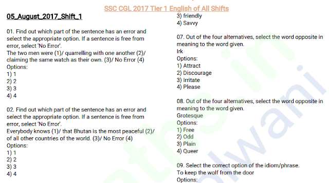 SSC CGL 2017 Tier-1 English Compilation with Key (All Shifts)