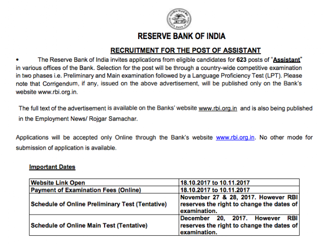 RBI Assistant 2017 Notification PDF (623 Posts)