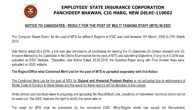 ESIC MTS Result Declared, Download Here