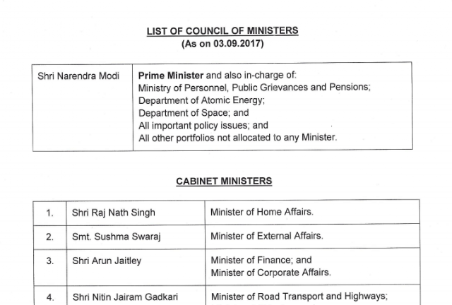 List of New Council of Ministers (03.09.2017) [English + Hindi] PDF Download