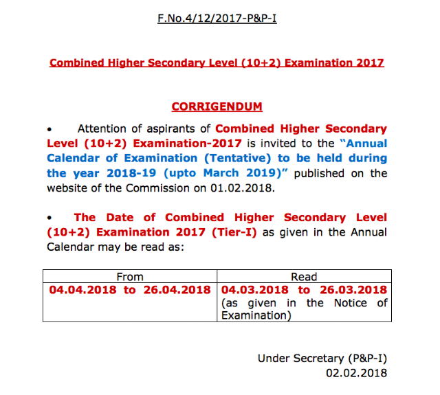SSC CHSL 2017 Tier-1 will be held from 04th March 2018 (Notice dated 02.02.2018)