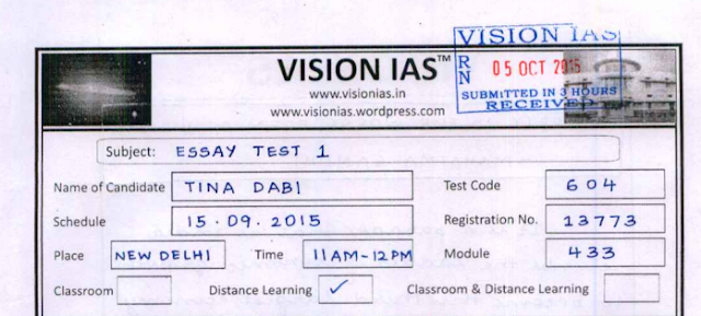 UPSC 2015 Topper Tina Dabi Answer Booklet Essay and others - Vision IAS