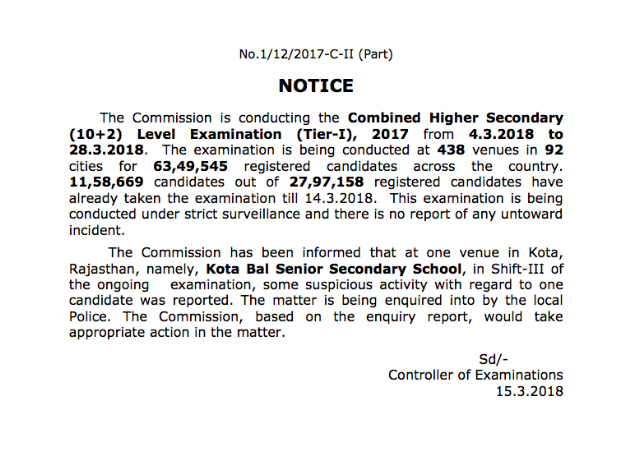 SSC Notice regarding SSC CHSL 2017 Tier-1 Ongoing Exam
