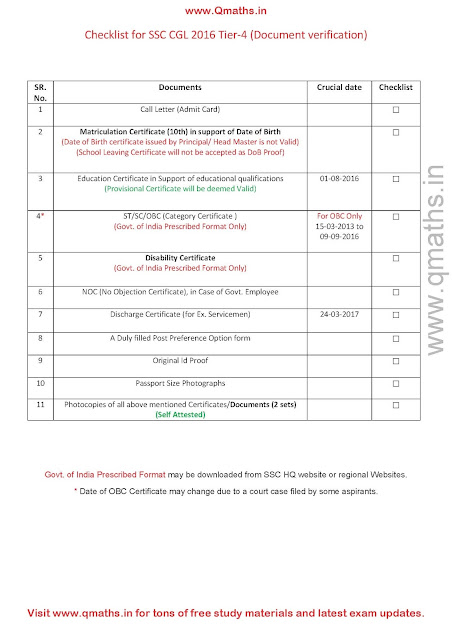 Check List for SSC CGL 2016 Tier-4 (Document Verification) PDF