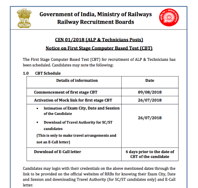 RRB ALP Technician 2018 First Stage Exam Start from 09 August 2018