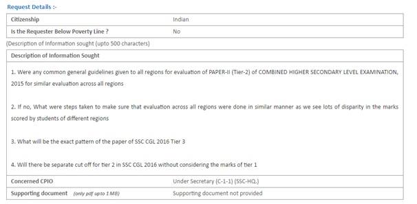 RTI Reply Regarding SSC CHSL 2015 Descriptive Paper Pattern