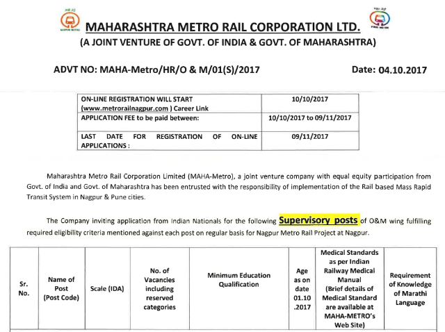 MMRCL Recruitment Notification 2017 for Nagpur Metro Rail