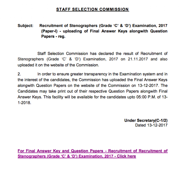 SSC Stenographer 2017 Final Answer Keys, Published