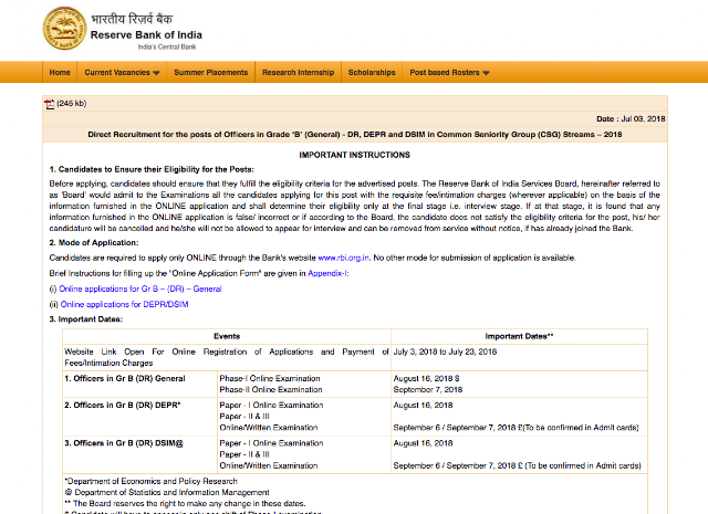 RBI Grade B 2018 Recruitment Notification PDF (166 Vacancies)