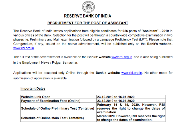 RBI Assistant 2019 Recruitment Notification PDF (926 Posts)