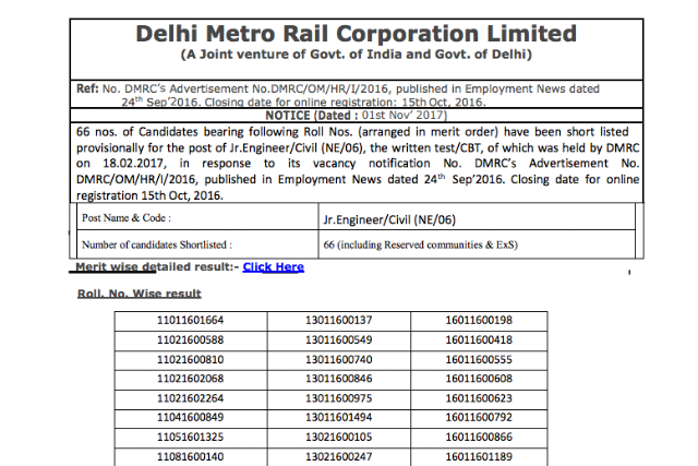 DMRC JE 2016 Result Declared, Check Here
