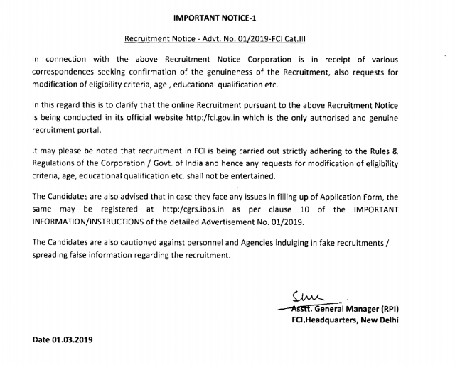 FCI Important Notice Regarding Recruitment Advt. 01/2019