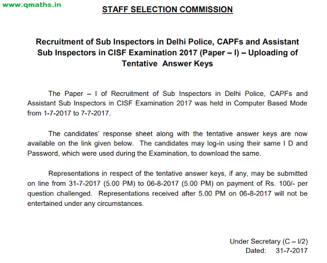 SSC  CPO 2017 Paper-1 Answer Keys Uploaded