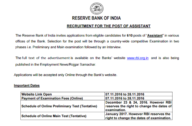 RBI Assistant Recruitment Advertisement 2016 (610 posts)