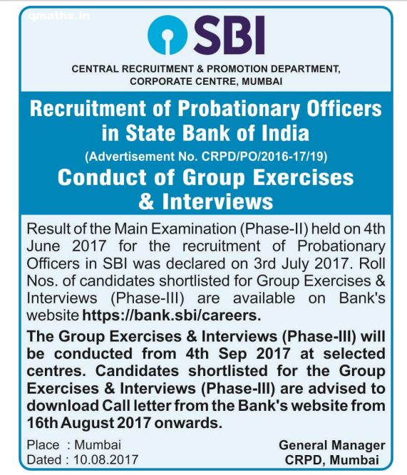 SBI PO 2017 Interview Notice Official PDF Download