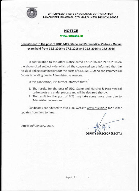 ESIC New Notice Dated 10-01-2017 Regarding recruitment of UDC,  MTS, Steno and Paramedical  Cadres