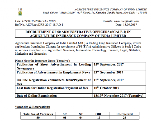AIC (Agriculture Insurance Company) AO Recruitment Notification 2017 PDF