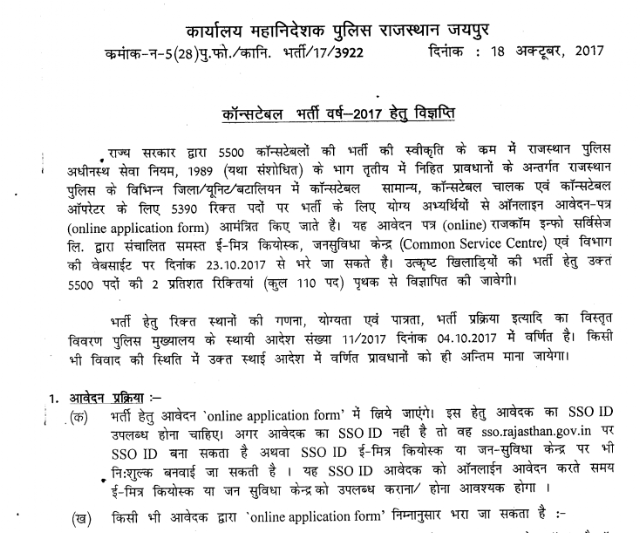 Rajasthan Police Constable Recruitment Notification PDF (5500 Posts)