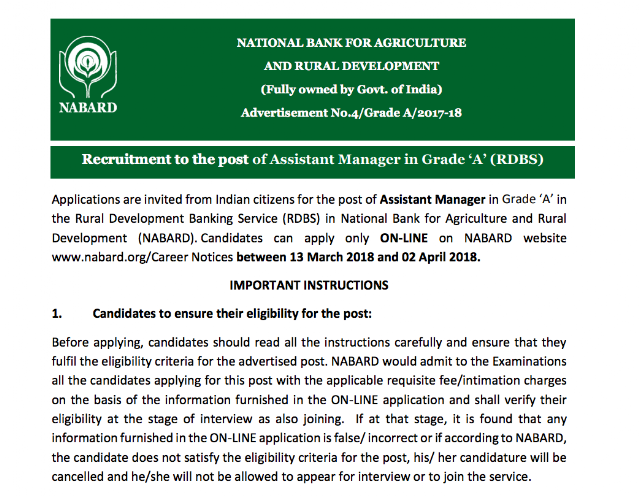 NABARD Recruitment Notification 2018 for Assistant Manager Grade A (RDBS) in PDF