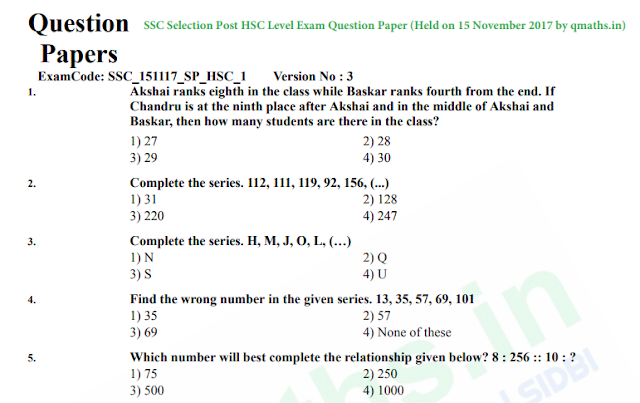 SSC Selection Post Question Paper (HSC Level held on 15.11.2017)