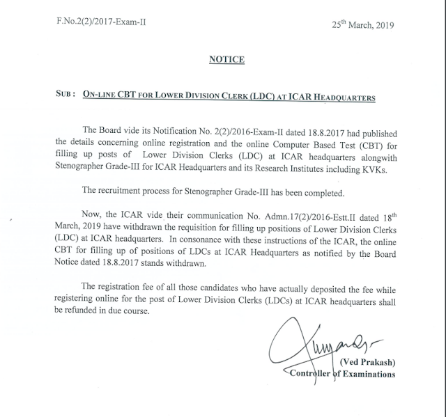 ASRB (ICAR) LDC 2017 Recruitment Cancelled Officially