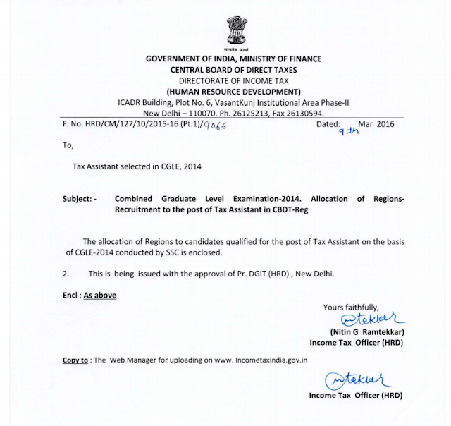 CGL-2014 CBDT Tax Assistant Zone allocation pdf download