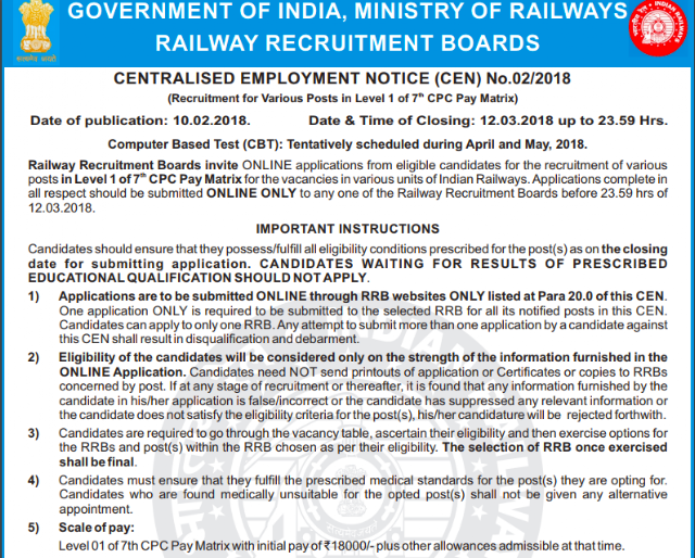 RRB Railway Group D Official Notification (62907 Posts) CEN: 02/2018