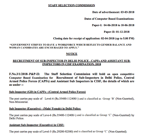 SSC CPO 2018 Official Notification in PDF Download