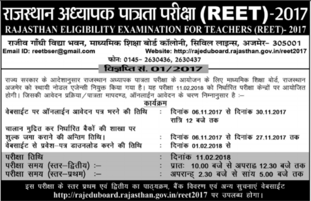 REET 2017 Recruitment Notification Download PDF