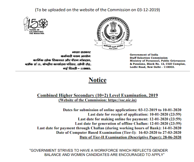 SSC CHSL 2019 Official Notification Released, Download PDF