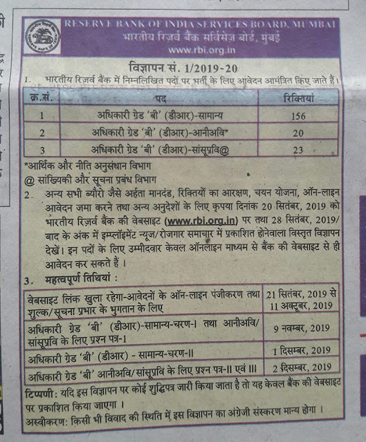 RBI Short Notice for Grade B Recruitment Notification 01/2019-20