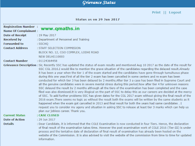 PGPortal reply regarding SSC CGL 2016 Result : Post Exam work of Tier-3 is under process