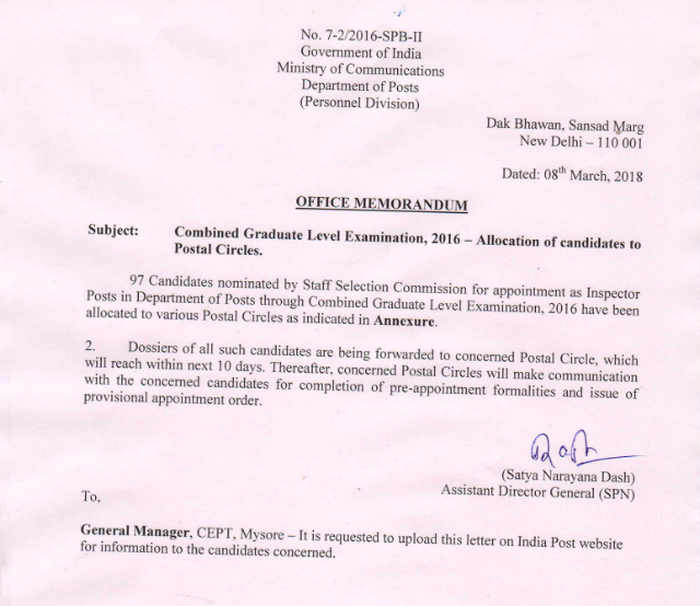 SSC CGL 2016 Inspector of Posts Postal Circle Allocation List