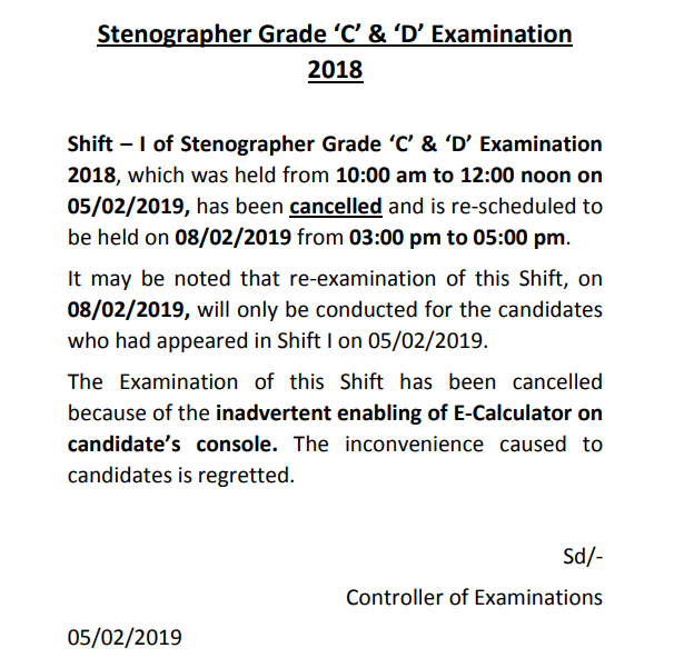 SSC Steno 2018 Shift 1 of 05.02.2019 Cancelled, Official Notice