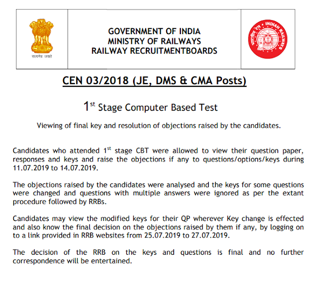 RRB Notice Regarding RRB JE 2018 Final Answer Keys
