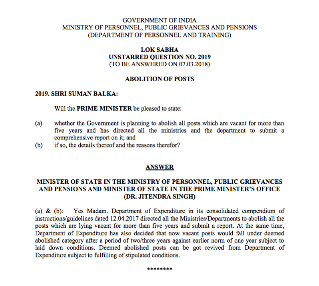 Lok Sabha Unstarred Question on 'Abolition of Posts' PDF