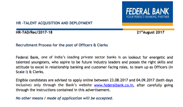 Federal Bank Recruitment Notification 2017 for Officers and Clerks
